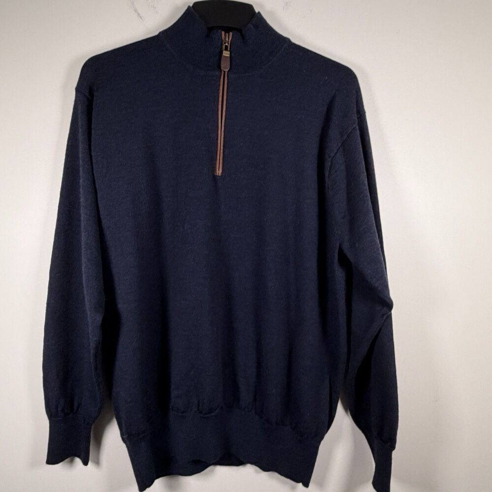 Orvis Sweater Mens Xl 1/4 Zip Long Sleeve pullover 100% Merino Wool Navy Blue